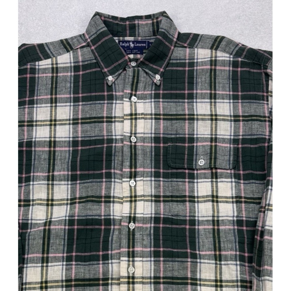 Ralph Lauren Shirt Mens L‎ Green Pink Plaid Linen Cotton Button Down Pocket